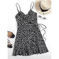 2023 Spring Dress Pants Women Allover Heart Print Ruffle Detail Wrap Belted Slip Dress Dresses (Color : Black, Size : Medium)