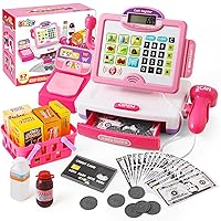 Pretend Play Calculator Cash Register Toy Gift for Kids Girls Age 3, 4, 5, 6, 7, 8+ Year Old, 57 Pcs Pink Grocery Store Playset, Incl Microphone, Credit Card, Scanner, Fake Food, Play Money for Kids