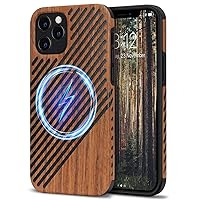 TENDLIN Magnetic Case Compatible with iPhone 12 Pro Case/iPhone 12 Case Wood Grain with Leather Outside Design TPU Hybrid Case (Compatible with MagSafe) Wood & Leather