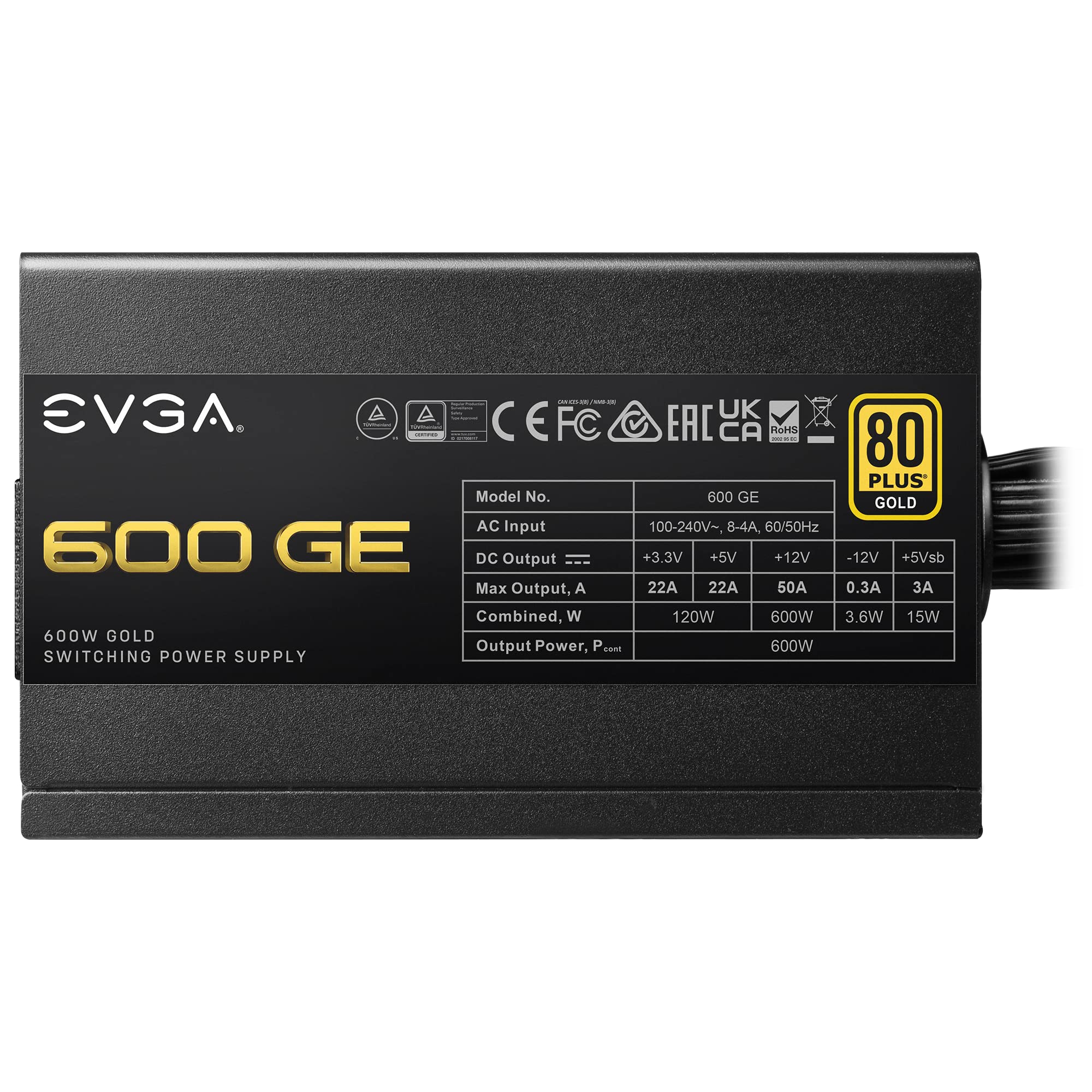 EVGA 600 GE, 80 Plus Gold 600W, Eco Mode, 5 Year Warranty, Power Supply 200-GE-0600-V1