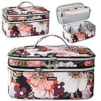 AMOIGEE Large Travel Makeup Bag Organizer, Double Layer Train Case, Toiletry Bag for Makeup Brushes, Full Size Bottles, Palettes Sponge, Cosmetic, Peonnies.