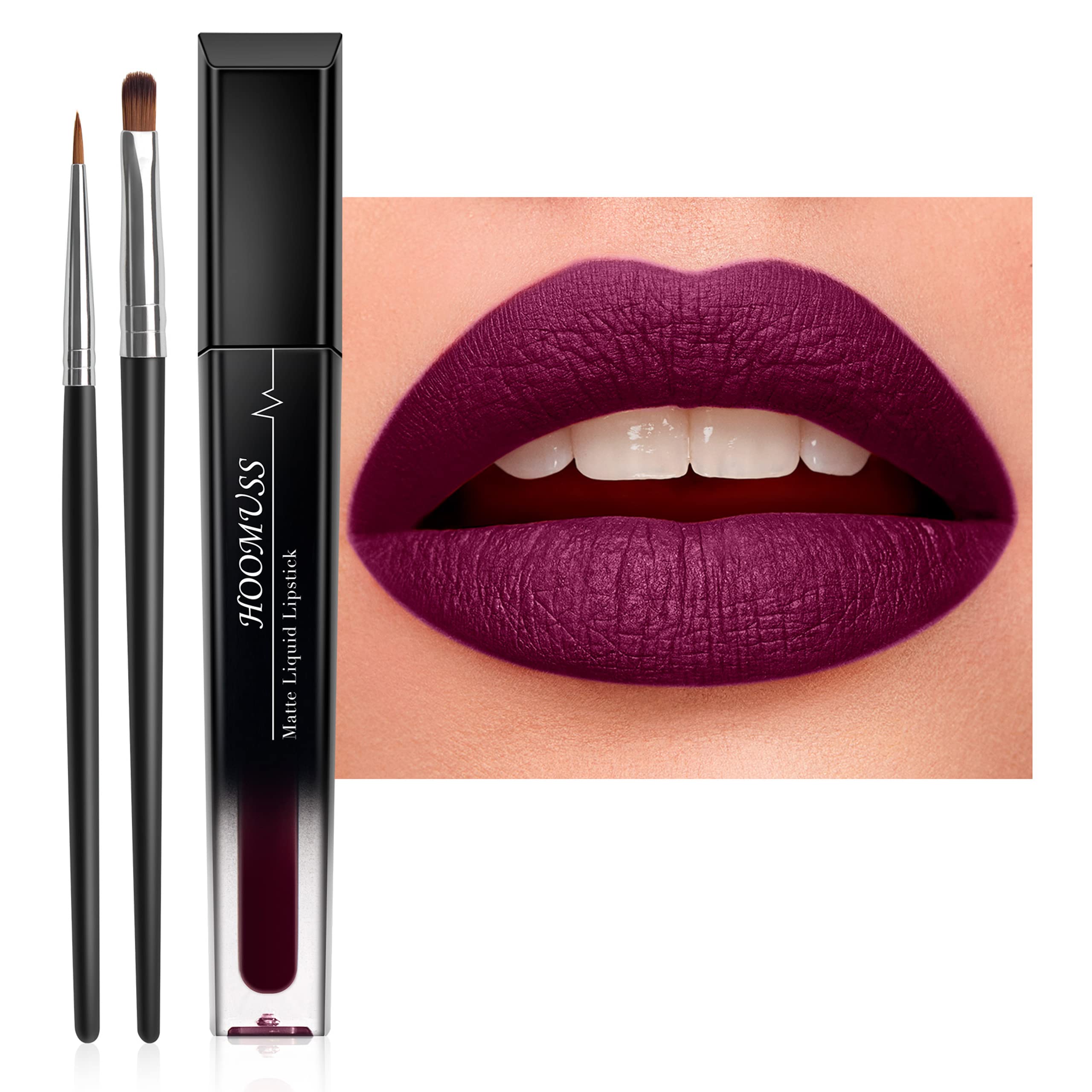 HOOMUSS Burgundy Purple Lipstick Matte, Plum Dark Purple Liquid Lipstick Long Lasting for Women, Smudge Proof Waterproof Lip Makeup (Dark Purple)