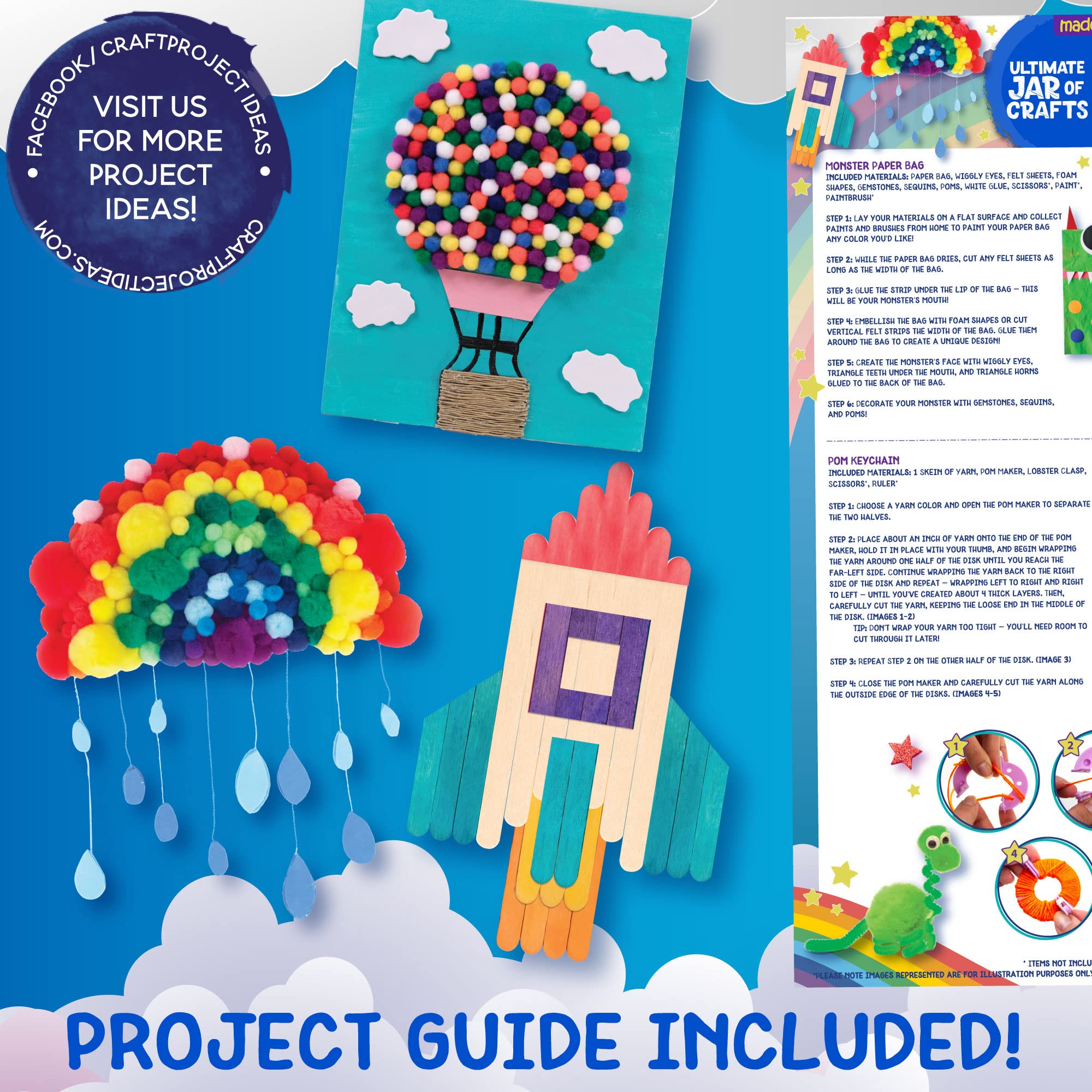 Made By Me! Ultimate Jar of Crafts, 200+ Piece Rainbow Craft Supply Bundle, Craft Supplies Starter Kit, Great Arts & Crafts Kit for Travel On-The-Go, Perfect for Kids Adults Ages 5, 6, 7, 8, 9, Multi
