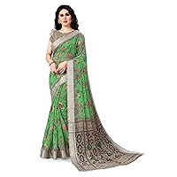 Sourbh Women's Floral Printed Saree with Zari Woven Border and Unstitched Blouse Piece