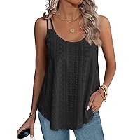 Tank Top for Women Eyelet Embroidery Scoop Neck Tops Double Strap Camisole Black L