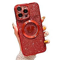 Compatible with iPhone 14 Pro Max 6.7 Inch Case with Magsafe, Plating Heart Glitter Magnetic Case for Women Girl TPU Camera Protection Back Cover for iPhone 14 Pro Max Red