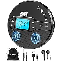 Portable CD Player with Bluetooth, CD Player with FM Transmitter and Speakers for Car, Rechargeable CD Player with Anti-Skip Protection, Headphones, LCD Display (Black)