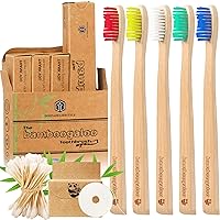 Bamboo Toothbrushes Pack of 5 - Cotton Buds & Dental Floss Included - Organic & 100% Biodegradable - Medium Firm Bristles, Plastic-Free Packaging