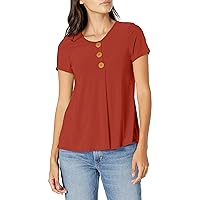 Star Vixen Women's Petite Elbow Sleeve Button Front Flowy Tank Top with Pleated Detail