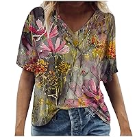 DESKABLY Cute Summer Tops for Women Plus Size Tops O-Neck Print Short Sleeve T-Shirt Tops Casual Loose Blouse Tops