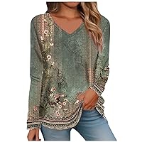 Long Sleeve Workout Tops for Women,Tops for Women Long Sleeve V Neck Retro Printed Loose Fit Tunic T Shirts 2024 Summer Fashion Cute Tee Blouse Women's T-Shirts