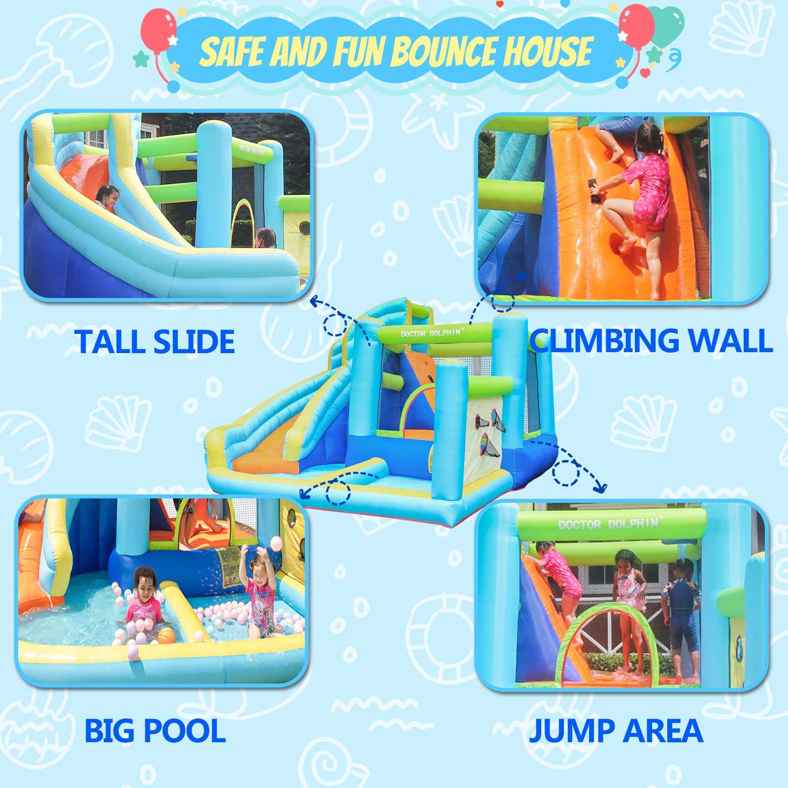 Doctor Dolphin Inflatable Water Slides for Kids Backyard, Bounce House with Waterslide, Blow Up Kids Water Slide, Inflatable Water Park Outdoor for Wet and Dry.