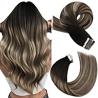 Moresoo Tape in Hair Extensions Human Hair Balayage Hair Tape in Extensions Off Black to Brown Mix with Blonde Human Hair Tape in Extensions Real Human Hair Tape in 12 Inch #1B/3/27 20pcs 30g