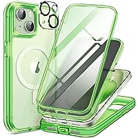 TIESZEN Magnetic for iPhone 15 Case Compatible with Magsafe, [Dustproof Design] Built-in 9H HD Tempered Glass Screen Protector & Privacy Screen Protector + 2X Camera Lens Protector, Fluorescent Green