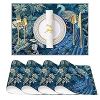 Chinoiserie Placemats Set of 4 Navy Blue Bird Floral Peacock Foldable Anti-Skid Table Placemat Asian Rustic Table Top Decor for Kitchen Table and Bar Mats