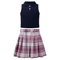 TiaoBug Kids Girls Tennis Golf Sports Outfit Sleeveless Ribbed Crop Top Shirt Vest with Plaid Pleated Skirts Set