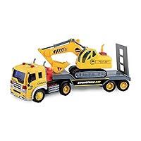 Maxx Action 17’’ Vehicle Transport with Excavator – Bright Lights and Construction Sounds | Friction Powered Trailer | 3 Piece Toy Playset for Kids | Yellow Construction Truck for Kids
