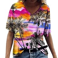 Tops for Women 2024 Hawaiian Printed V Neck Short Sleeve T Shirts Loose Oversized Shirts Holiday Daily Basic Tees