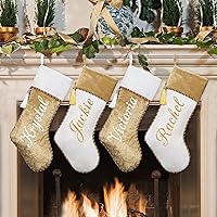 Personalized Christmas Stockings 4 Pack Gold and White Christmas Stockings Velvet Stockings with Tassel for Family Kids Large Christmas Stockings Xmas Farmhouse Fireplace Hanging