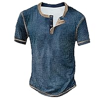 Mens Vintage Distressed Henley Shirts Retro Color Block Short Sleeve Hunting Tee Shirts Casual Collarless Plaid T-Shirt