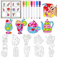 30Pcs Summer Window Suncatcher DIY Kits for Kids DIY Summer Drink Suncatchers Crafts Kit Ice Cream Coloring Window Cling Sticker with 14 Painting Markers Gifts for Home Classroom Party Decorations