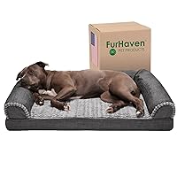 Furhaven Orthopedic Dog Bed for Large/Medium Dogs w/ Removable Bolsters & Washable Cover, For Dogs Up to 55 lbs - Luxe Faux Fur & Performance Linen Sofa - Charcoal, Large