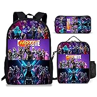 3Pcs Gaming Backpack Set, Casual Laptop Bags with Lunch Bag Pencil Case, Large Capacity Daypack for Travel Work (Purple)