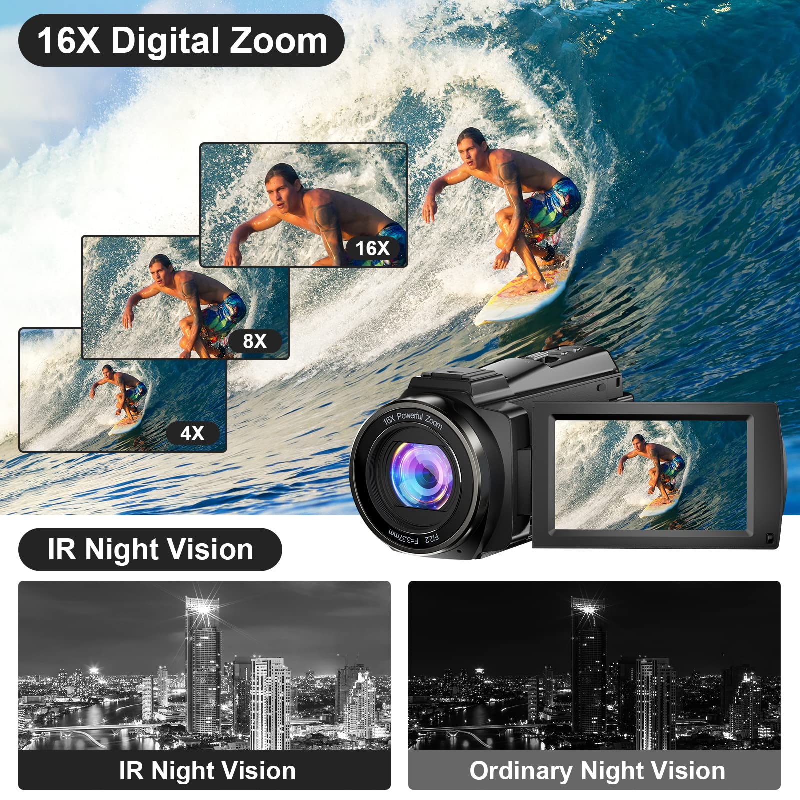 5K Video Camera Camcorder, 48MP UHD Wifi IR Night Vision Vlogging Camera for YouTube, 16X Digital Zoom Touch Screen Vlog Camera with External Microphone, Lens Hood, Stabilizer, Remote, 2 Batteries