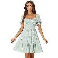 Allegra K Tiered Floral Dresses for Women's Summer Square Neck Puff Sleeve Tie Back Flowy Mini Dress