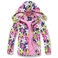 Girls Rain Jacket Zip Hooded Lightweight Jackets Kids Fleece Lined Coats Casual Trench Water Resistant Windbreaker Girl Raincoat Outwear(Flowers Pink, 7-8Y)