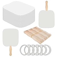 Paper Fans Handheld - Set of 100 Paper Fans Bulk, Wavy Wooden Sticks and Adhesive, White Cardstock, Double Sided Tape, DIY Craft Sticks, Customizable Church Fans, Wedding Fans, Paddle Fan, Fan Sticks.