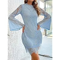 Women's Dress Dresses for Women Bell Sleeve Scallop Hem Guipure Lace Dress Dresses (Color : Baby Blue, Size : X-Small)