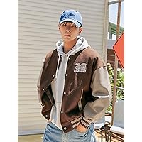 Jackets for Men - Men Letter Graphic Color Block Drop Shoulder Wool-Mix Bomber Jacket (Color : Coffee Brown, Size : Small)