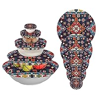 Tribal Pattern 5 Pieces Reusable Bowl Covers Elastic Food Storage Cover Stretch Fabric for Fridge Proofing Bowl Leftover