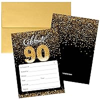 DISTINCTIVS Black and Gold 90th Birthday Party Invitations - 10 Cards with Gold Envelopes - 90th Birthday Party Decorations and Supplies