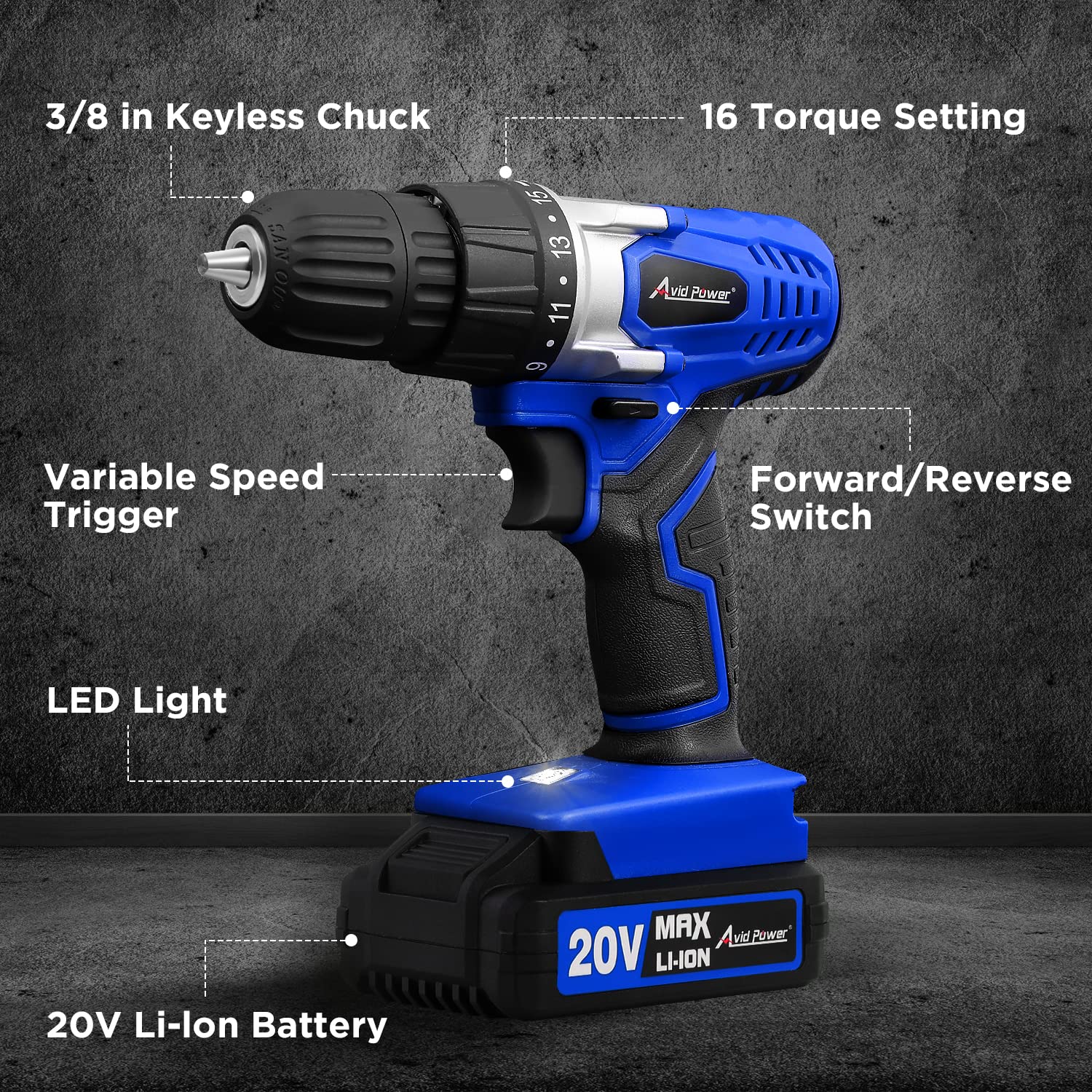 AVID POWER 20V MAX Lithium lon Cordless Drill Set, Power Drill Kit with Battery and Charger, 3/8-Inch Keyless Chuck, Variable Speed, 16 Position and 22pcs Drill Bits (Blue)