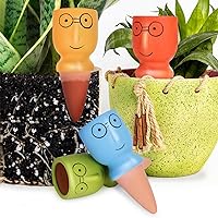 TopDirect Terracotta Watering Spikes 4 Pack, Cute Plant Self Watering Devices for Vacation, Slow Watering System for Indoor Plants Easy Self Watering Planter Insert (Big Head with The Glasses)