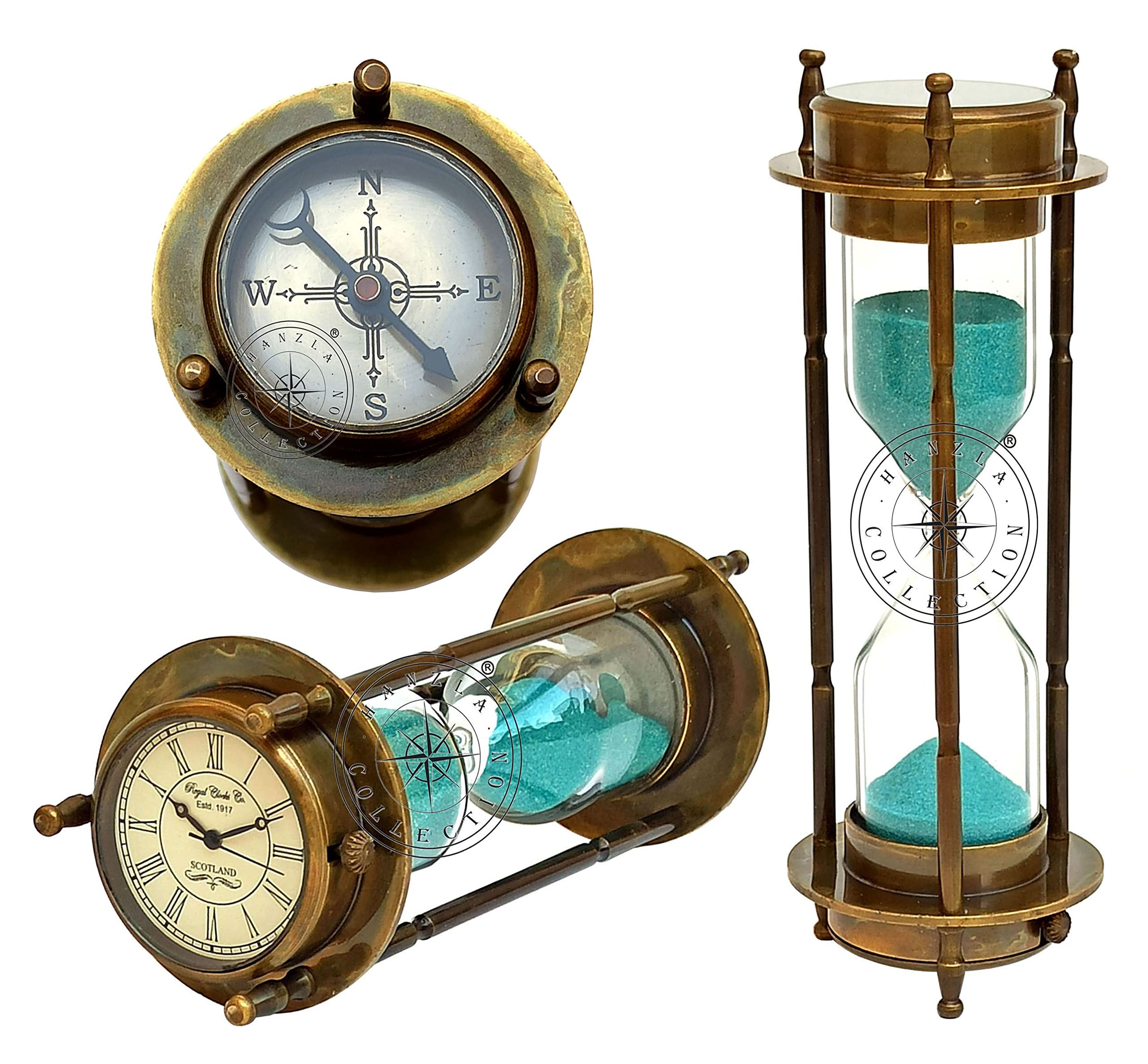 Hanzla Collection Marine Antique Brass Compass Hourglass Nautical Maritime Sand Timer & Desk Clock