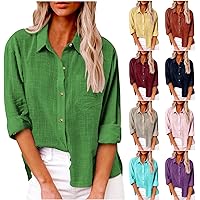Warehouse Sale Clearance Cotton Linen Button Down Shirts for Women Long Sleeve Collared Work Blouse Trendy Loose Fit Summer Tops with Pocket