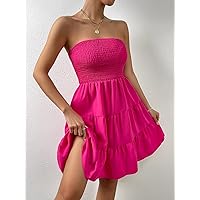 Dresses for Women Solid Ruffle Hem Tube Dress (Color : Hot Pink, Size : X-Small)
