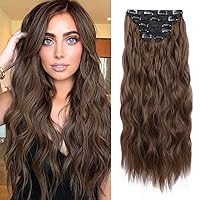 WECAN Clip in Hair Extension 24 Inch 6PCS Dark Brown Long Wavy Hairpieces for Women Natural Thick Synthetic Fiber Double Weft Hair Full Head