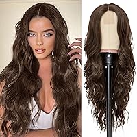 NAYOO Long Dark Brown Wavy Wig for Women 26 Inch Middle Part Curly Wavy Wig Natural Looking Synthetic Heat Resistant Fiber Wig for Daily Party Use (Dark Brown)