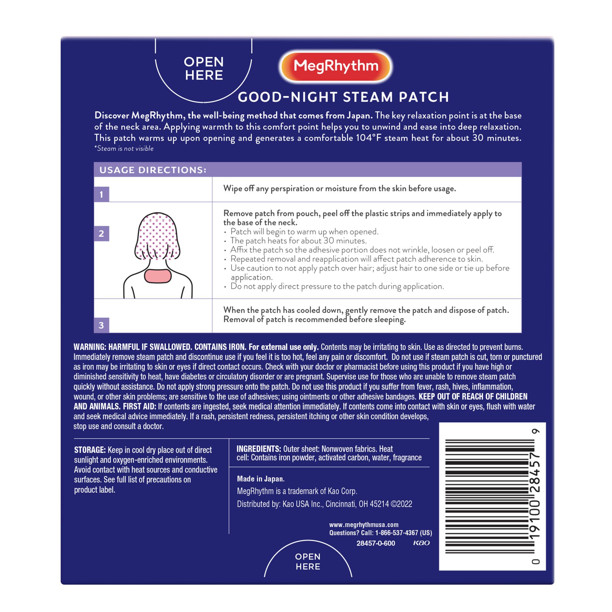 MegRhythm by Kao Gentle Steam Neck Patch, Calming Neck Patch for a Good Night Sleep, Soothe Tension & Lift Away Stress, Lavender, 5 Ct