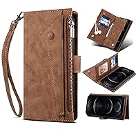 XYX Wallet Case for Samsung Galaxy Note 20 Ultra, RFID Blocking Solid Color PU Leather Zipper Pocket Phone Cover with Adjustable Shoulder Strap, Brown