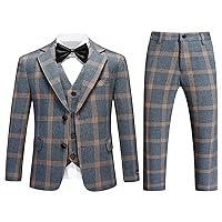 Boys Slim Fit Suit Tuxedo for Boy Check Plaid 3 Piece Suit Set for Kid Formal Boys Dress Clothes Wedding Ring Bearer Outfit