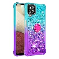 Shockproof Case for Samsung Galaxy A12 5G/M12/F12,Glitter Shine Diamond Gradient Color Quicksand Transparent TPU Cover with Rotating Ring Kickstand