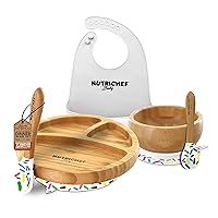 Baby and Toddler, 3 compartment plate, bowl, and spoon feeding set- silicone suction, Non-toxic all natural Bamboo baby food plate with silicone bib (Sparkle)