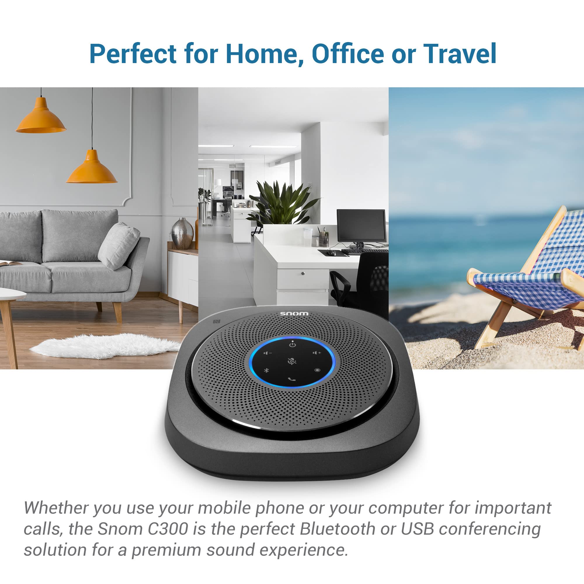 Snom C300 Bluetooth 5.0 Conference Speakerphone with 6 Mics, 24 hrs Call Time, App Controlled, USB C, Home Office & Small Business, Black