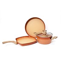 NEWARE Terra Cotta Cooking Set - 11 inch Non Stick Baking Pan, 11 inch x 11 inch Square Grill Pan, and 9.5 inch Casserole Stock Pot 100% PFOA Free