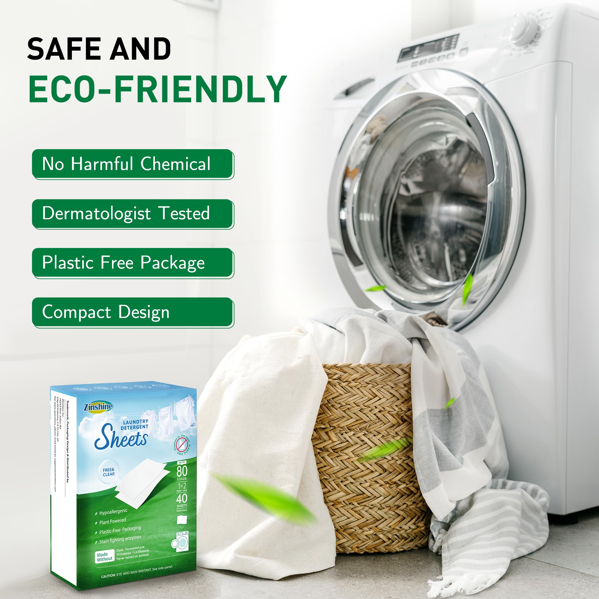 Laundry Detergent Sheets, Zinshine Laundry Soap Sheet, Eco Friendly Hypoallergenic Washer Detergent Sheets, Free & Clear Scent, Great for Hotels, Dorm, Travel, Camping, Laundry Room, up to 80 loads